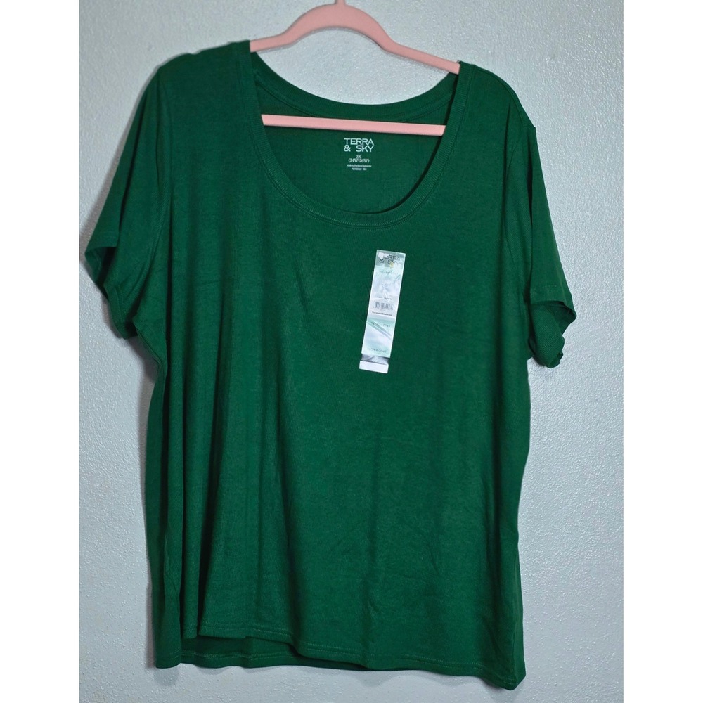 Terra & Sky Green Ribbed Scoop Neck Tee Plus Size 3X 24W-26W NWT Cotton Modal